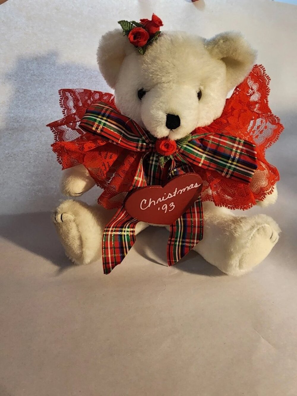 Teddy Vintage 1993 Christmas Bear Ivory Plush Red Lace Tartan Plaid